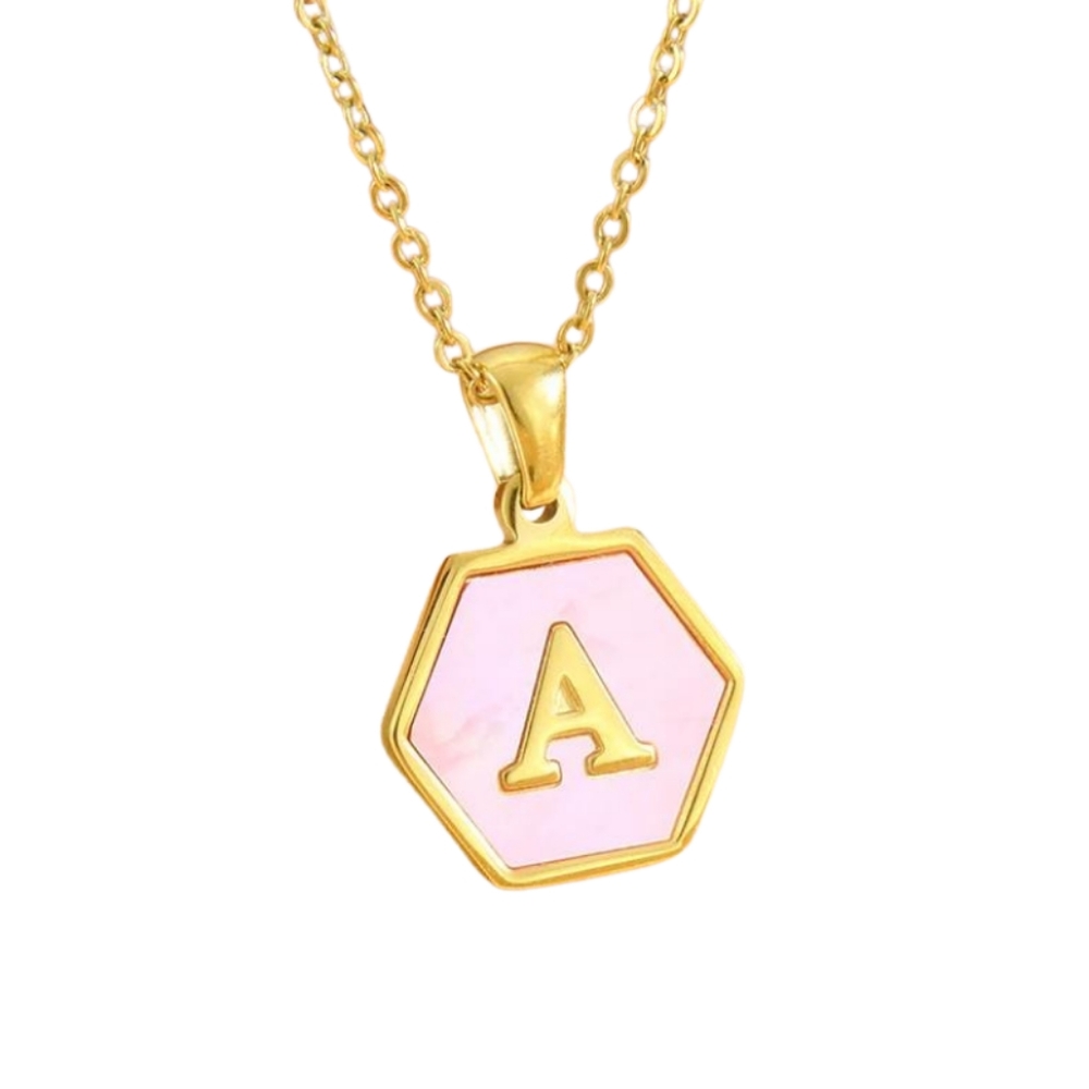 Hexagon Initial Letter Charm, A, 18K Gold-Plated Pink Pearl Pendant Necklace